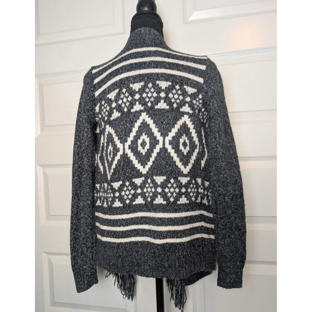 Hollister Gray Aztec Sweater Size S Open Front Cardigan Tassels Southwestern
